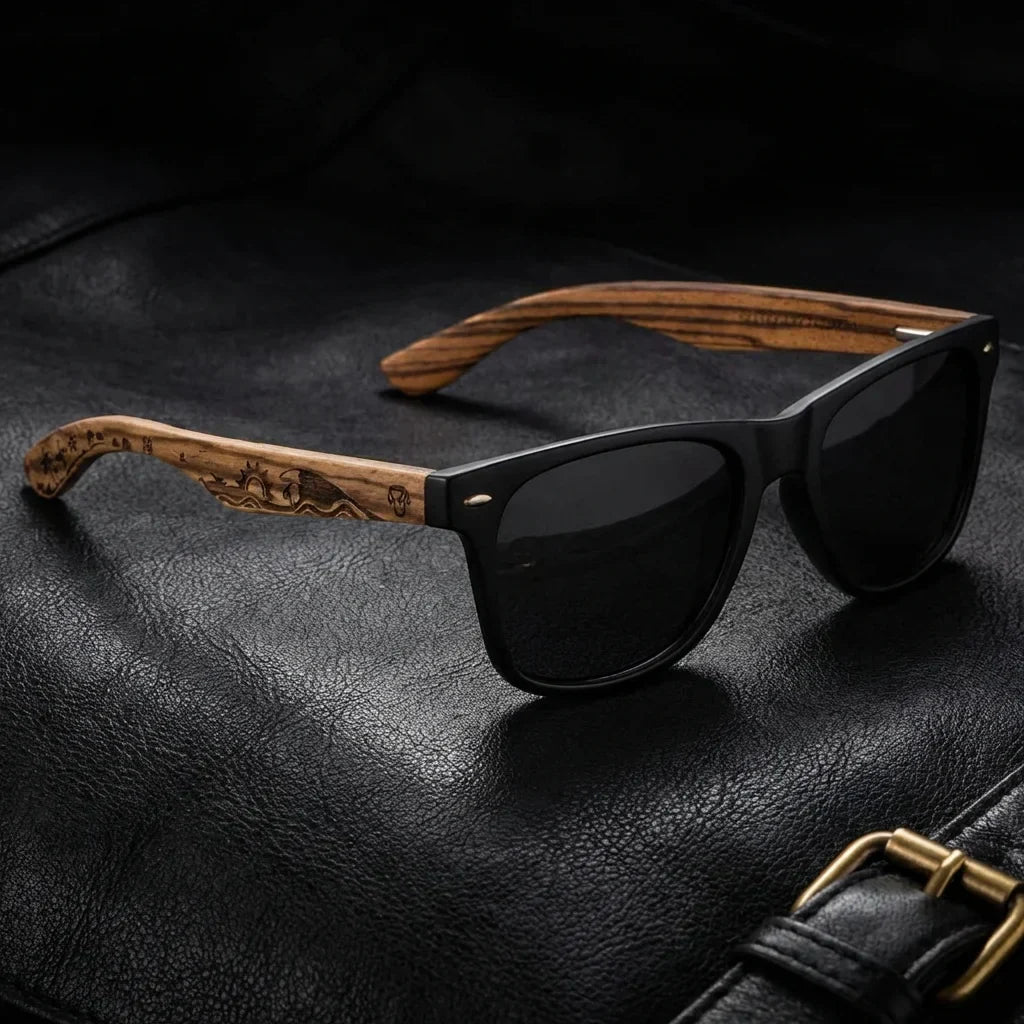 Lentes sol Acacia Designers polarizados UV400 surf sobre cuero negro detalle brass premium Bonoboss #editorial_polarizado #color_surf