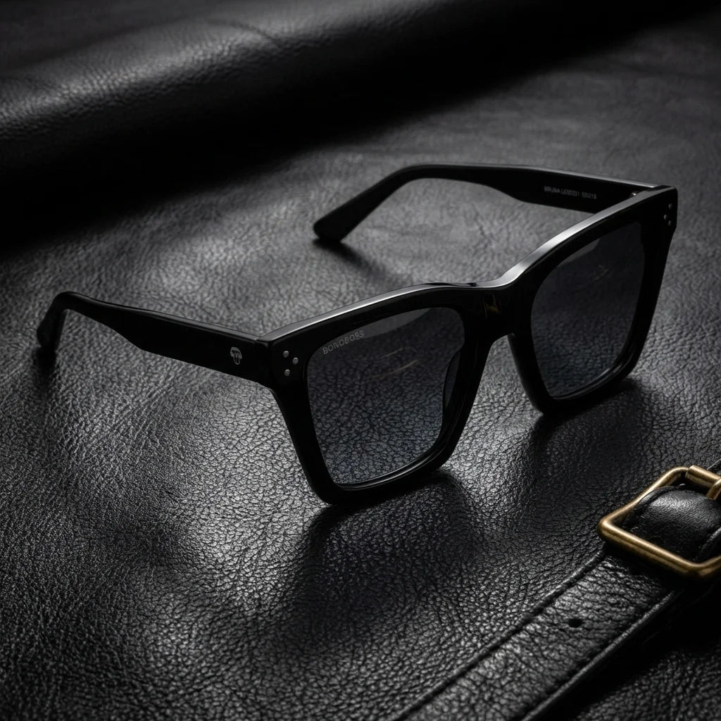 Lenses sun bruna retro polarized UV400 black sobre black leather premium brass detail bonoboss #editorial_polarizado #color_negro