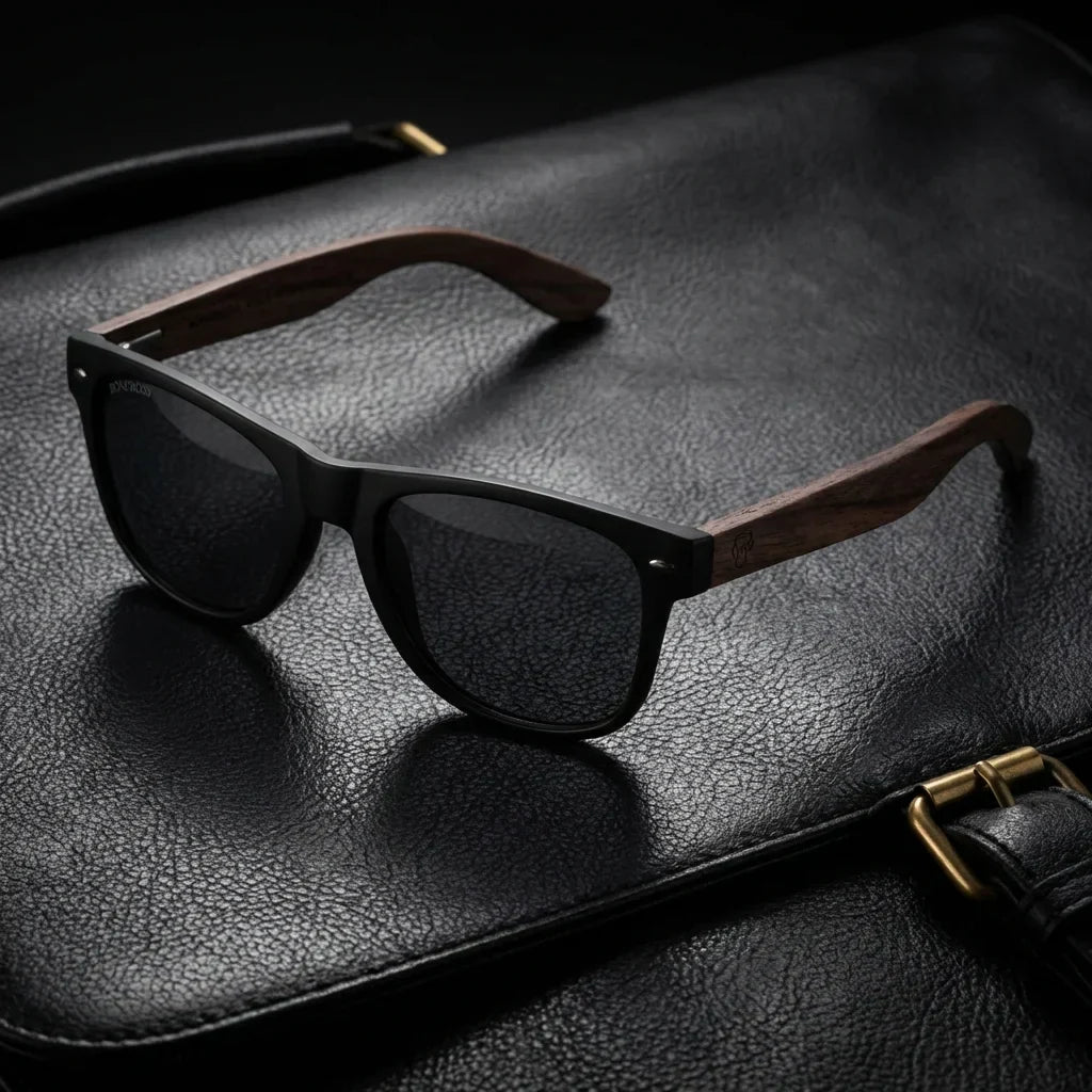 Lentes sol Acacia Nogal polarizados UV400 smoke sobre cuero negro detalle brass premium Bonoboss #editorial_polarizado #color_smoke