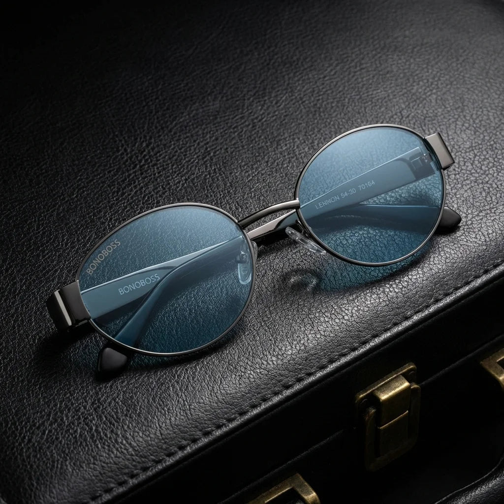 Lenses sun new lennon polarized UV400 bio-acetate blue sobre black leather premium brass detail contraste bonoboss #editorial_grid1 #color_blue