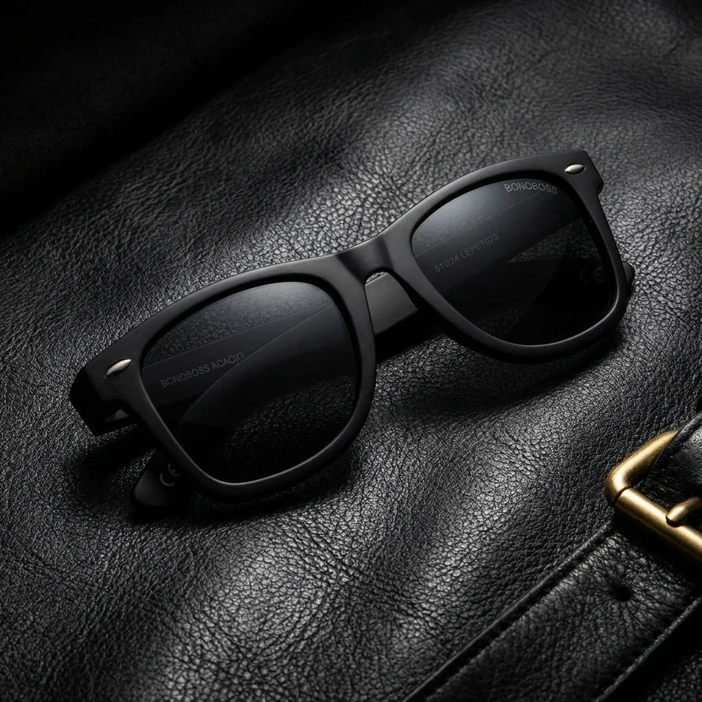 Lenses sun acacio rpet polarized UV400 rpet recycled black sobre black leather premium brass detail bonoboss #editorial_polarizado #color_negro