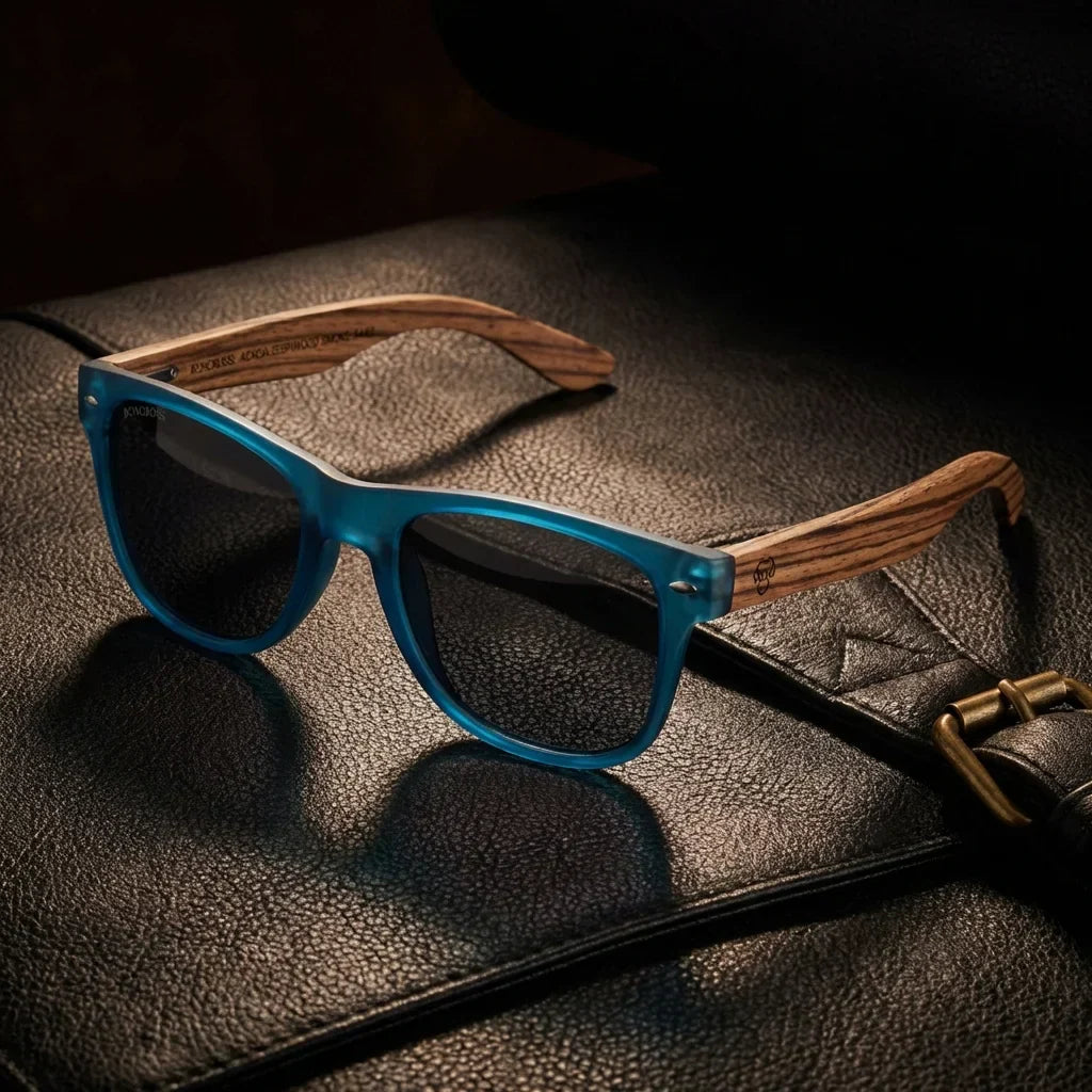 Lentes sol Acacia polarizados UV400 madera zebrano Ocean Smoke sobre cuero negro detalle brass premium Bonoboss #editorial_polarizado #color_ocean-smoke