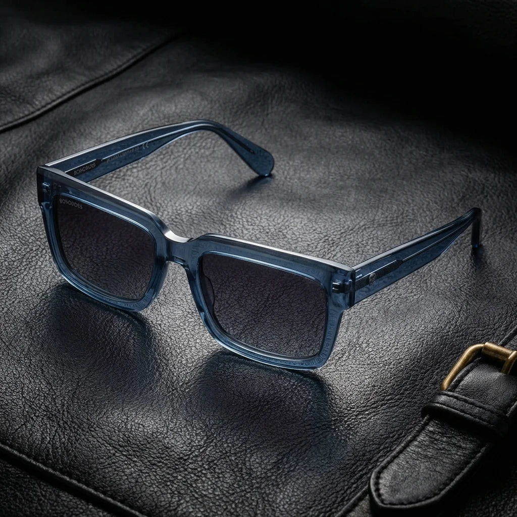 Lentes sol Amsterdam polarizados UV400 azul sobre cuero negro detalle brass premium Bonoboss #editorial_polarizado #color_azul