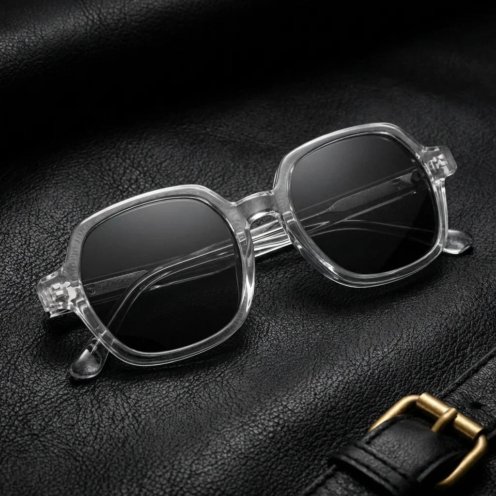 Lentes sol Canarias polarizados UV400 bio-acetato Transparente sobre cuero negro detalle brass premium Bonoboss #editorial_polarizado #color_transparente