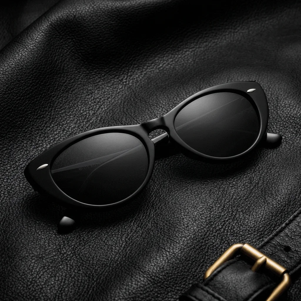 Lenses sun havana polarized UV400 bio-acetate black sobre black leather premium brass detail contraste bonoboss #editorial_polarizado #color_negro