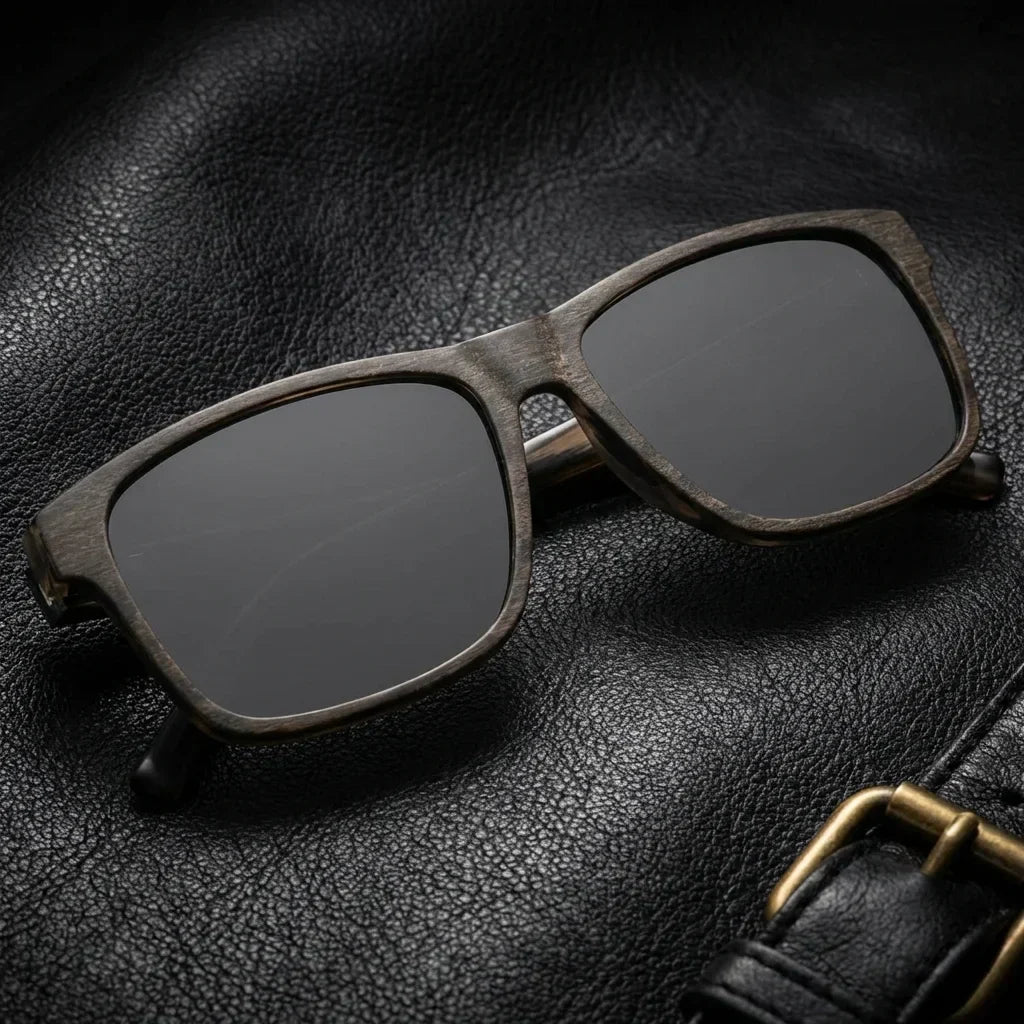 Lenses sun keule xl polarized UV400 wood cacao sobre black leather premium brass detail contraste bonoboss #editorial_polarizado #color_cacao