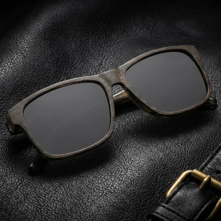 Lenses sun keule xl polarized UV400 wood cacao sobre black leather premium brass detail contraste bonoboss #editorial_polarizado #color_cacao