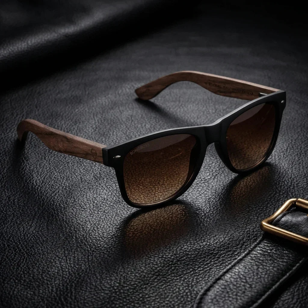 Lentes sol Acacia Nogal polarizados UV400 gradiente cafe sobre cuero negro detalle brass premium Bonoboss #editorial_polarizado #color_gradiente-cafe