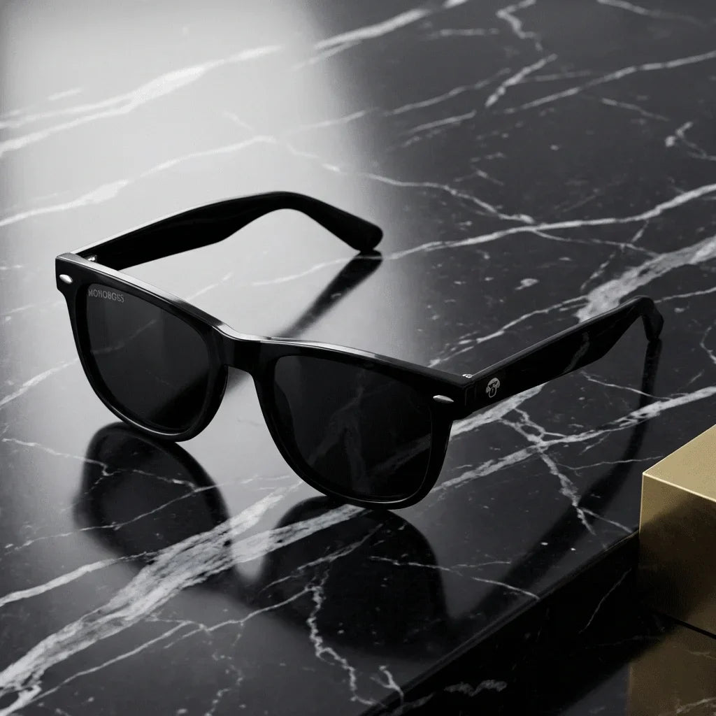 Lentes sol Acacia XL Vintage Sol Polarizado UV400 negro sobre marmol negro superficie elegante premium Bonoboss #editorial_polarizado #color_negro