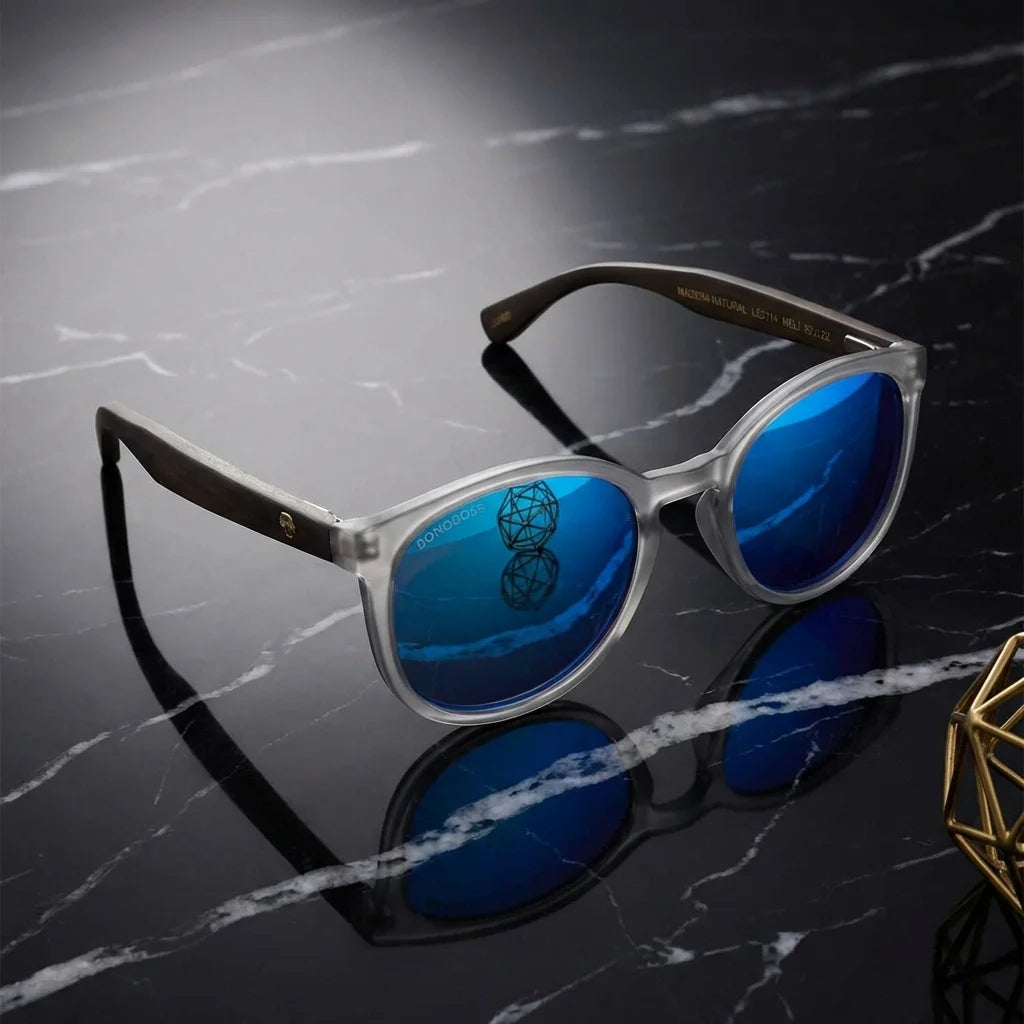 Lentes sol Meli TSP polarizados UV400 bio-acetato TSP espejado azul sobre marmol negro superficie premium Bonoboss #editorial_grid1 #color_espejado-azul