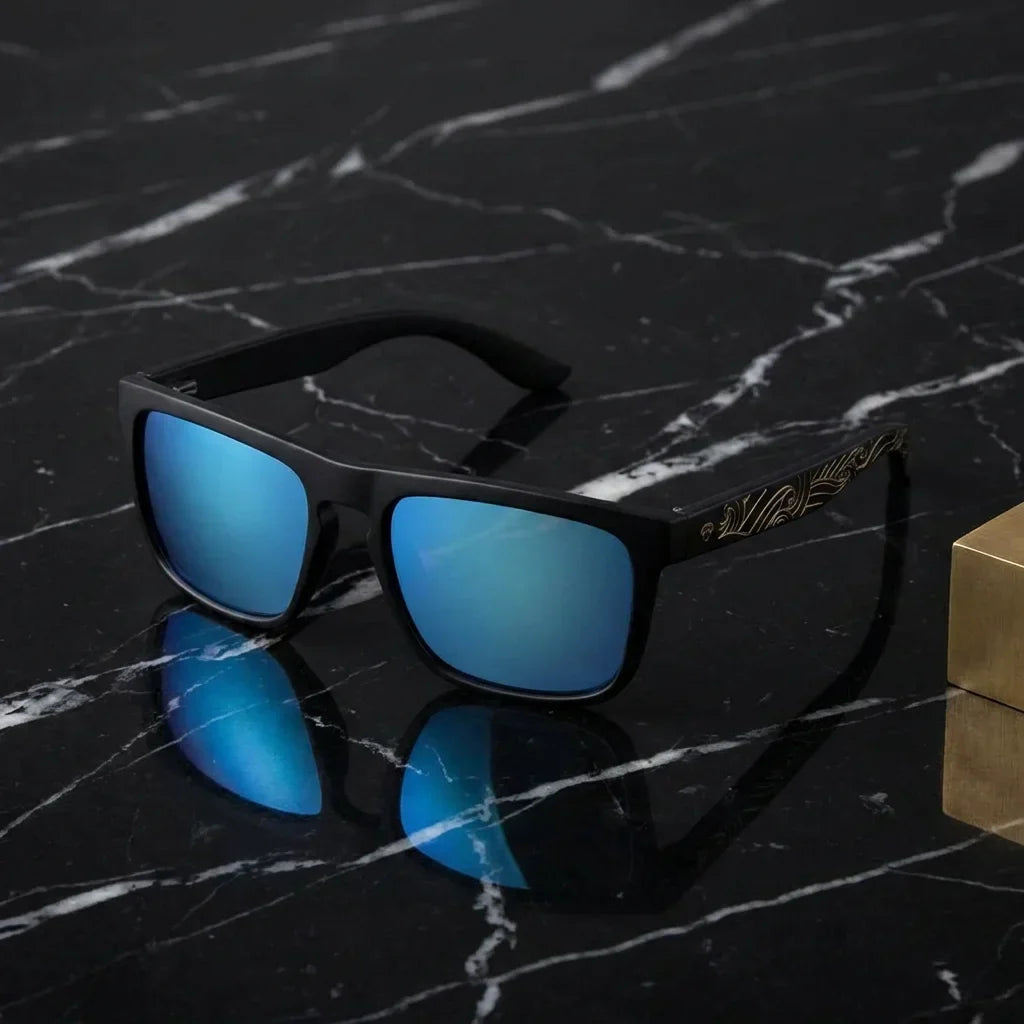 Lentes sol Lautaro Dark Designer's polarizados UV400 madera waves-sky sobre marmol negro superficie premium elegante Bonoboss #editorial_polarizado #color_waves-sky