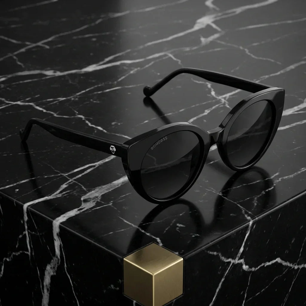 Lenses sun hannover polarized UV400 bio-acetate black sobre marmol black superficie premium elegante bonoboss #editorial_polarizado #color_negro