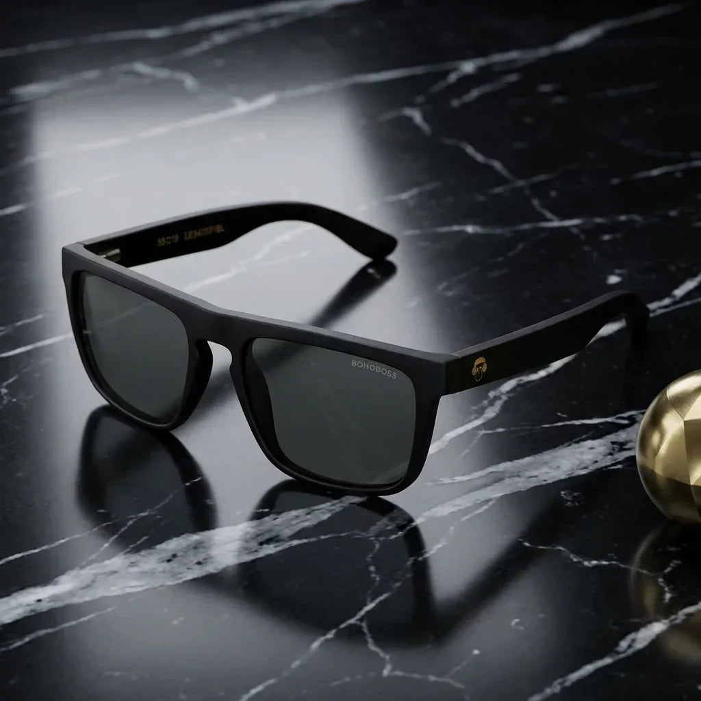 Lentes sol Lautaro Dark polarizados UV400 acetato negro sobre marmol negro superficie elegante premium Bonoboss #editorial_polarizado #color_negro