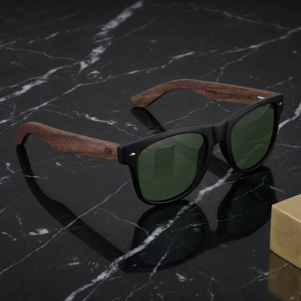 Lentes sol Acacia Nogal polarizados UV400 G15 sobre marmol negro superficie elegante premium Bonoboss #editorial_polarizado #color_g15