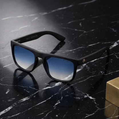 Lentes sol Lautaro Dark polarizados UV400 acetato degrade azul sobre marmol negro superficie elegante Bonoboss #editorial_polarizado #color_degrade-azul