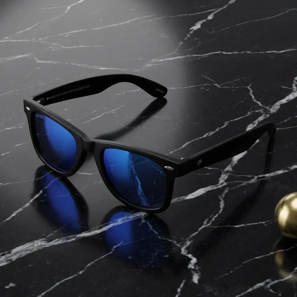 Lentes sol Acacio rPET polarizados UV400 RPET reciclado sky sobre marmol negro superficie elegante Bonoboss #editorial_grid1 #color_sky
