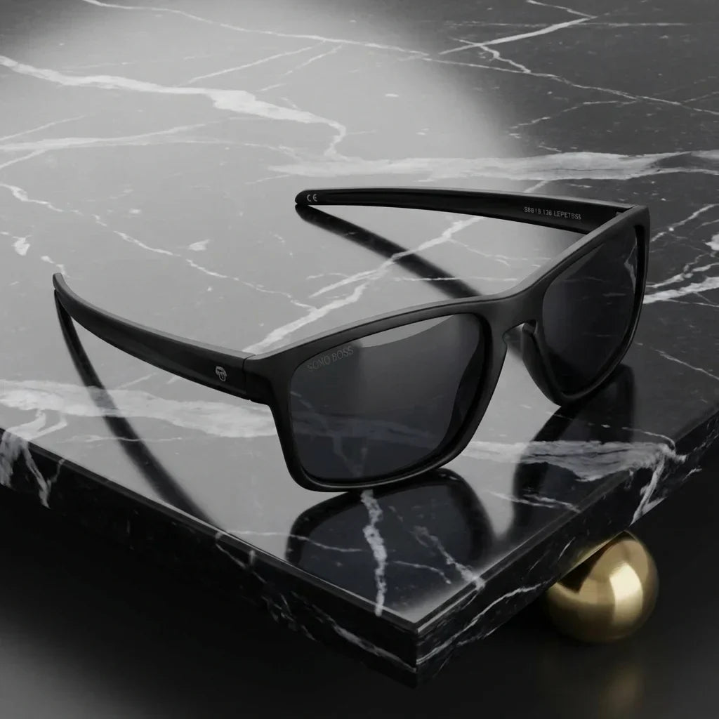 Lentes sol Lautaro RPET polarizados UV400 RPET reciclado negro sobre marmol negro superficie elegante Bonoboss #editorial_polarizado #color_negro