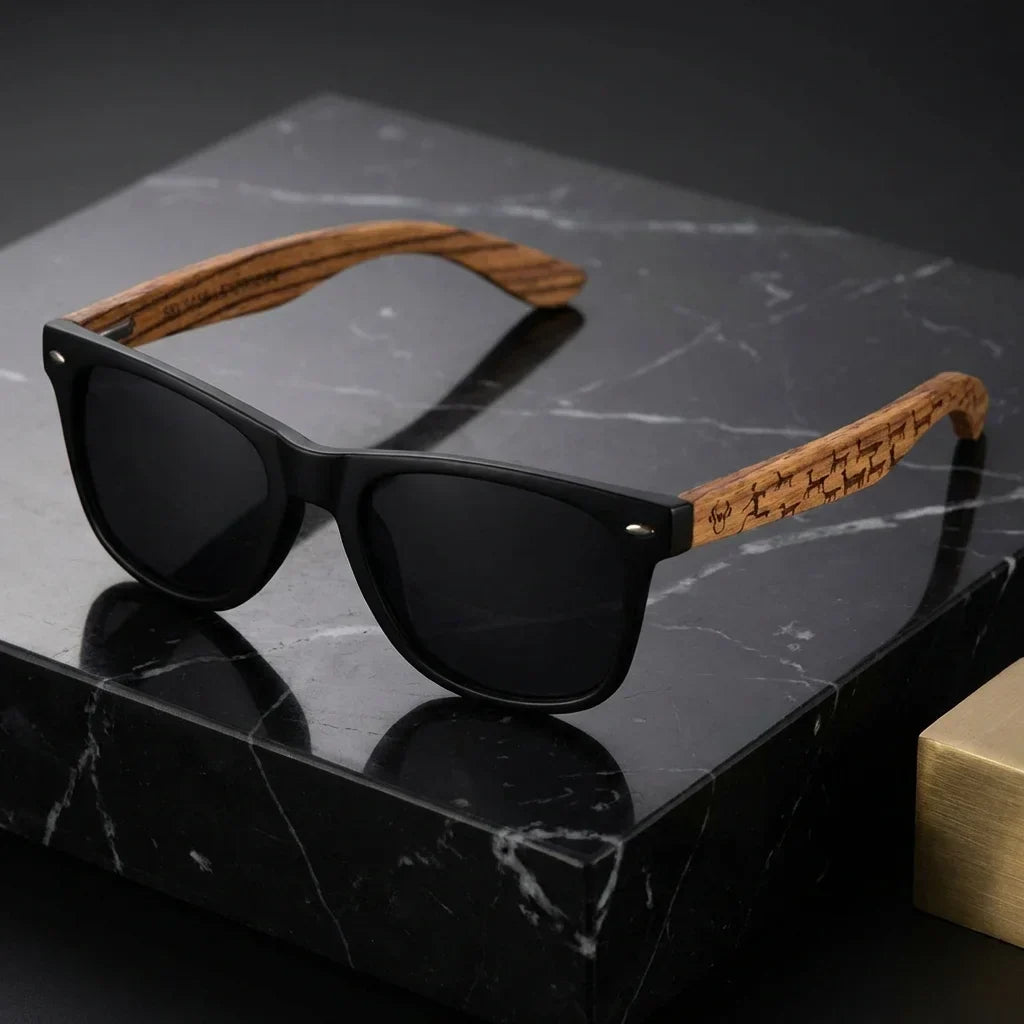 Lentes sol Acacia Designers polarizados UV400 llamas sobre marmol negro superficie elegante Bonoboss #editorial_polarizado #color_llamas