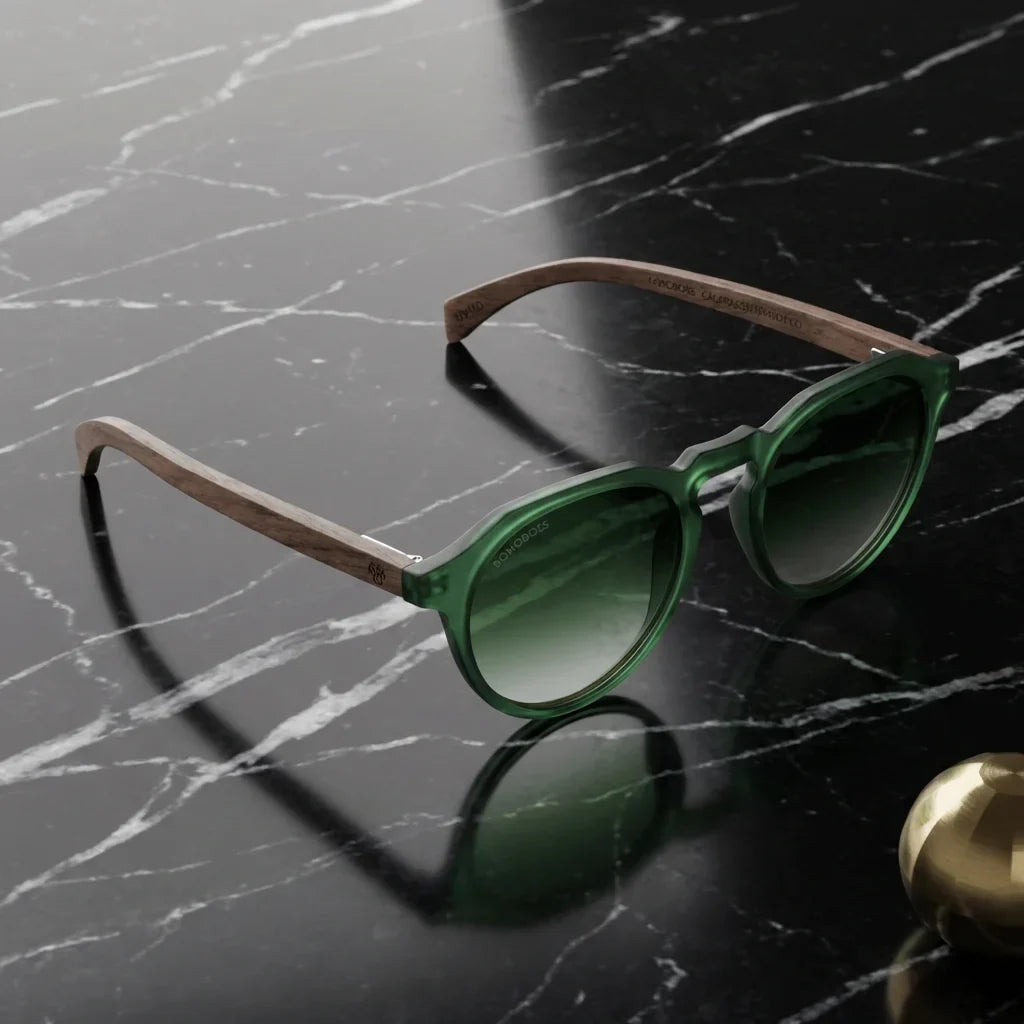 Lentes sol Galapagos polarizados UV400 acetato madera forest sobre marmol negro superficie elegante Bonoboss #editorial_polarizado #color_forest