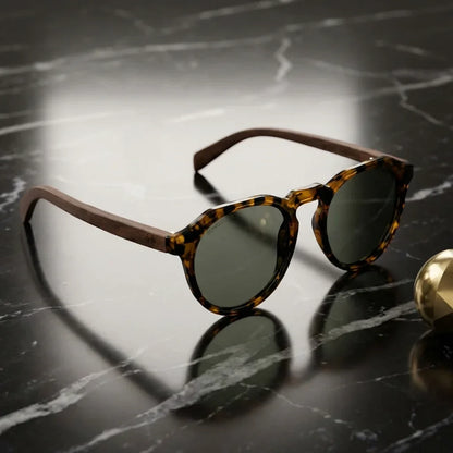 Lentes sol Galapagos polarizados UV400 acetato madera carey sobre marmol negro superficie elegante Bonoboss #editorial_polarizado #color_carey