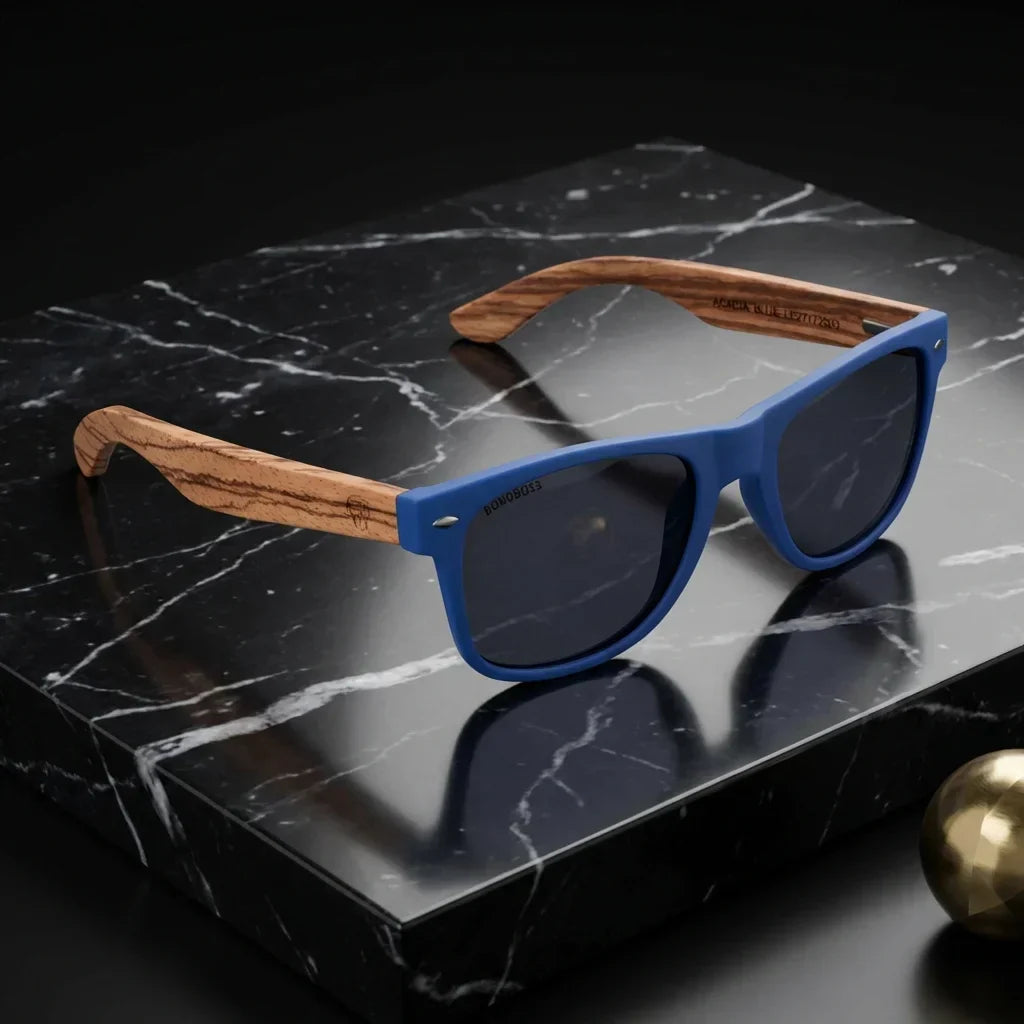Lentes sol Acacia polarizados UV400 madera zebrano Blue Smoke sobre marmol negro superficie elegante Bonoboss #editorial_grid1 #color_blue-smoke