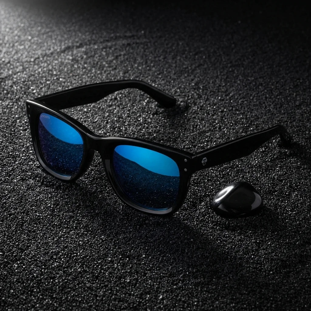 Lenses sun acacia reverse polarized UV400 wood zebrawood mirrored blue sobre arena negra volcanica bonoboss #editorial_sustentabilidad #color_espejado-azul