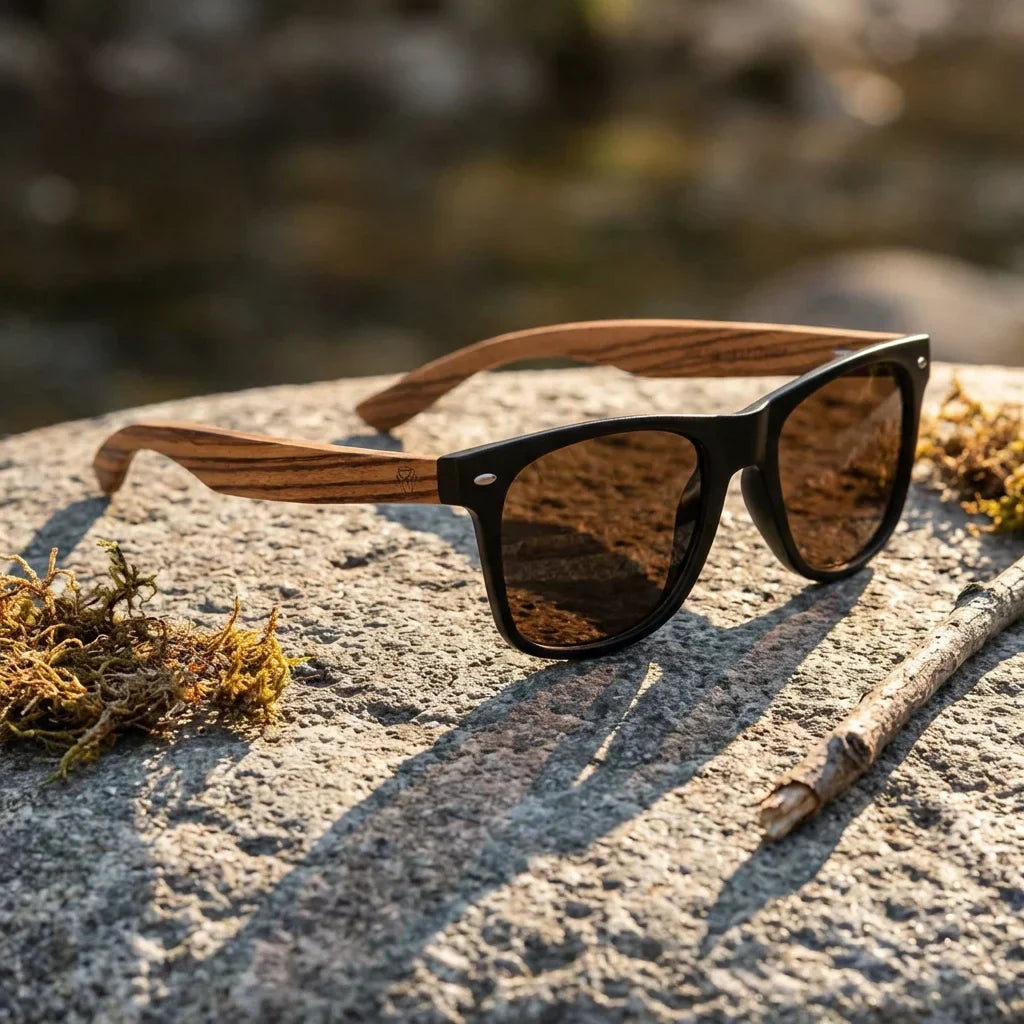 Lenses sun acacia polarized UV400 wood zebrawood black brown Patagonian landscape sustainable nature bonoboss #editorial_sustentabilidad #color_negro-brown