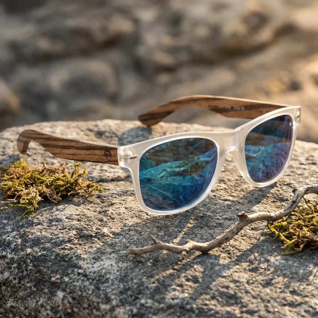 Lentes sol Acacia polarizados UV400 madera zebrano Transparente Espejado Azul paisaje patagonico naturaleza sustentable Bonoboss #editorial_sustentabilidad #color_transparente-espejado-azul