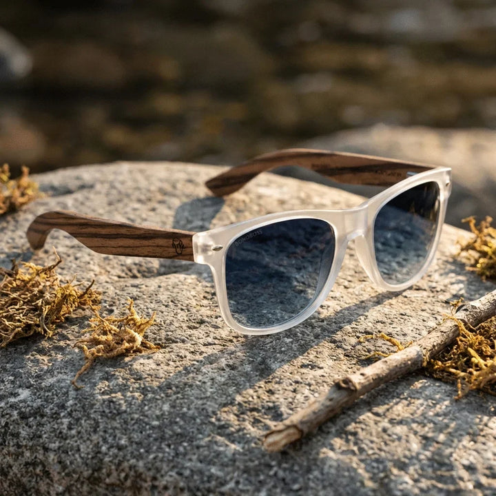 Lenses sun acacia polarized UV400 wood zebrawood clear gradient blue botanical composition natural tropical monstera bonoboss #editorial_grid2 #color_transparente-gradiente-azul