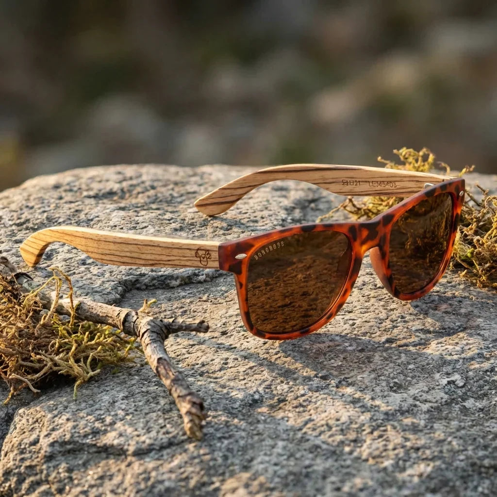 Lentes sol Acacia polarizados UV400 madera zebrano Carey Brown paisaje patagonico naturaleza sustentable Bonoboss #editorial_sustentabilidad #color_carey-brown