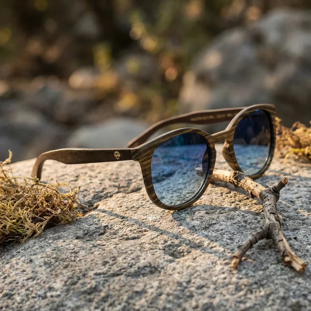 Lentes sol Meli Ebony polarizados madera ebony polarizado Degrade Azul paisaje patagonico naturaleza eco-consciente Bonoboss #editorial_sustentabilidad #color_degrade-azul