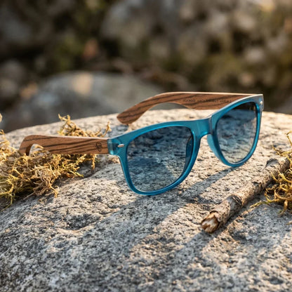 Lentes sol Acacia polarizados UV400 madera zebrano Ocean Gradiente Azul paisaje patagonico naturaleza sustentable Bonoboss #editorial_sustentabilidad #color_ocean-gradiente-azul
