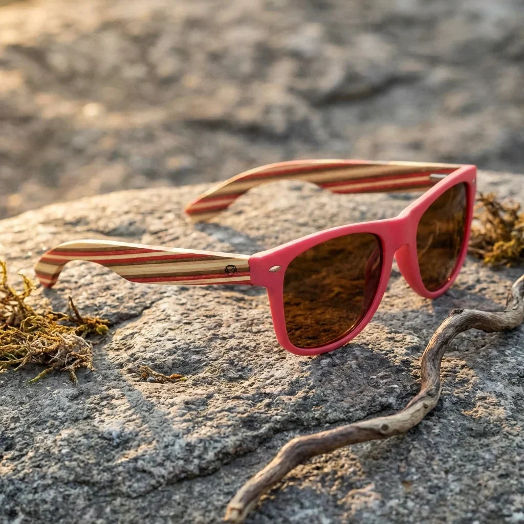 Lenses sun acacia polarized UV400 wood zebrawood pink brown Patagonian landscape sustainable nature bonoboss #editorial_banner #color_rosado-brown