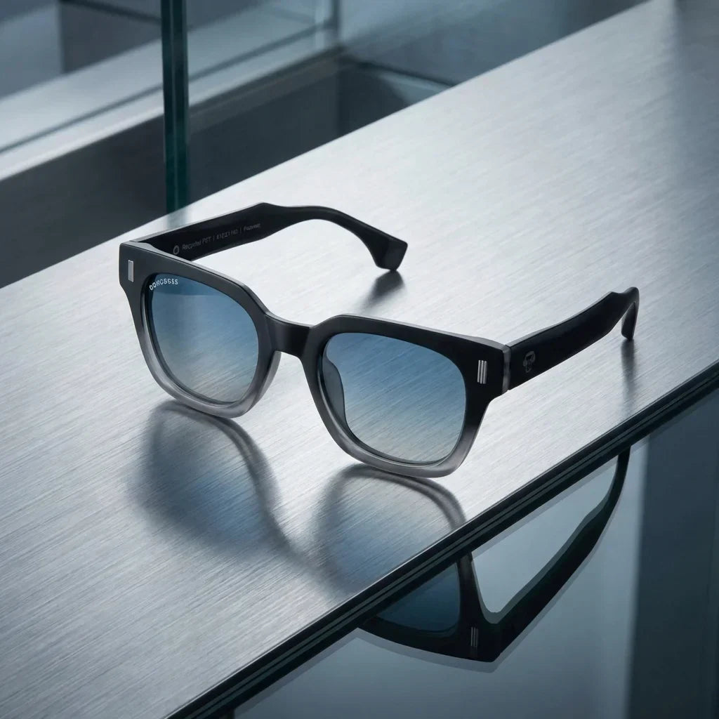 Lentes sol Osorno RPET polarizados UV400 reciclado grad black sobre metal brushed superficie industrial Bonoboss #editorial_grid1 #color_black