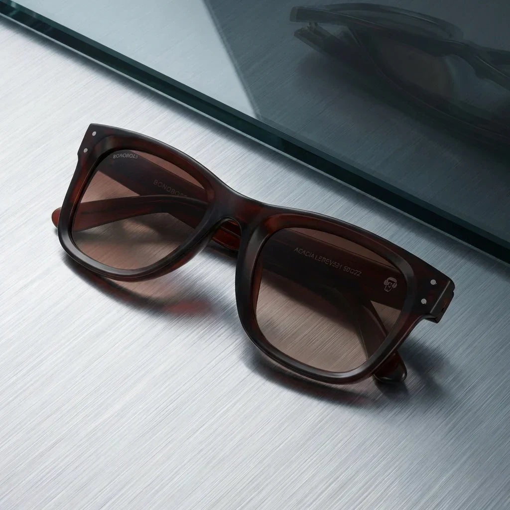 Lenses sun acacia reverse polarized UV400 wood zebrawood brown sobre brushed metal industrial surface bonoboss #editorial_grid1 #color_brown