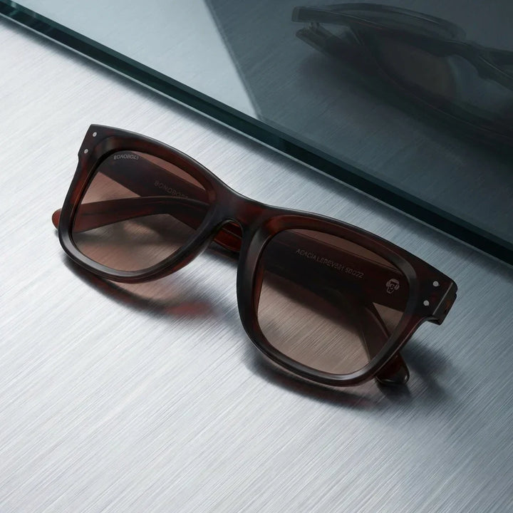Lenses sun acacia reverse polarized UV400 wood zebrawood brown sobre brushed metal industrial surface bonoboss #editorial_grid1 #color_brown