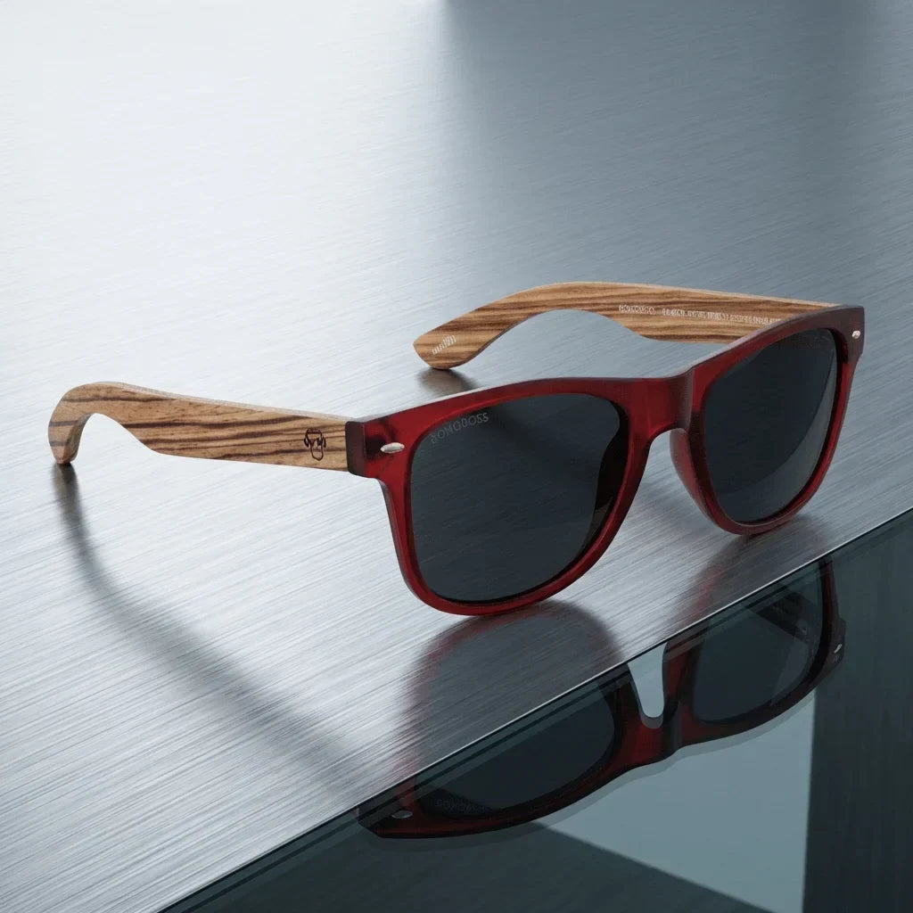 Lentes sol Acacia polarizados UV400 madera zebrano Wine Smoke sobre metal cepillado superficie industrial Bonoboss #editorial_grid1 #color_wine-smoke