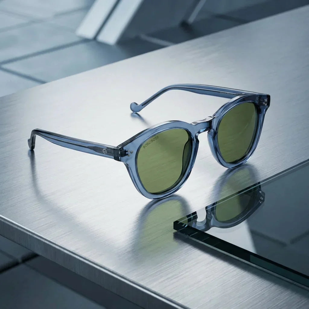 Lentes sol Lenga polarizados UV400 bio-acetato Azul sobre metal cepillado superficie industrial Bonoboss #editorial_grid1 #color_azul