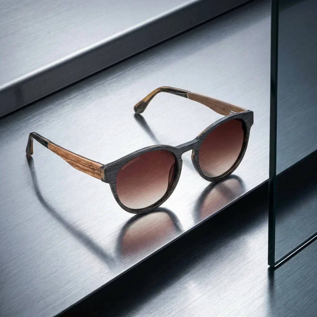 Lenses sun chiloe 110 wood polarized UV400 brown sobre superficie metal brushed industrial bonoboss #editorial_grid1 #color_brown