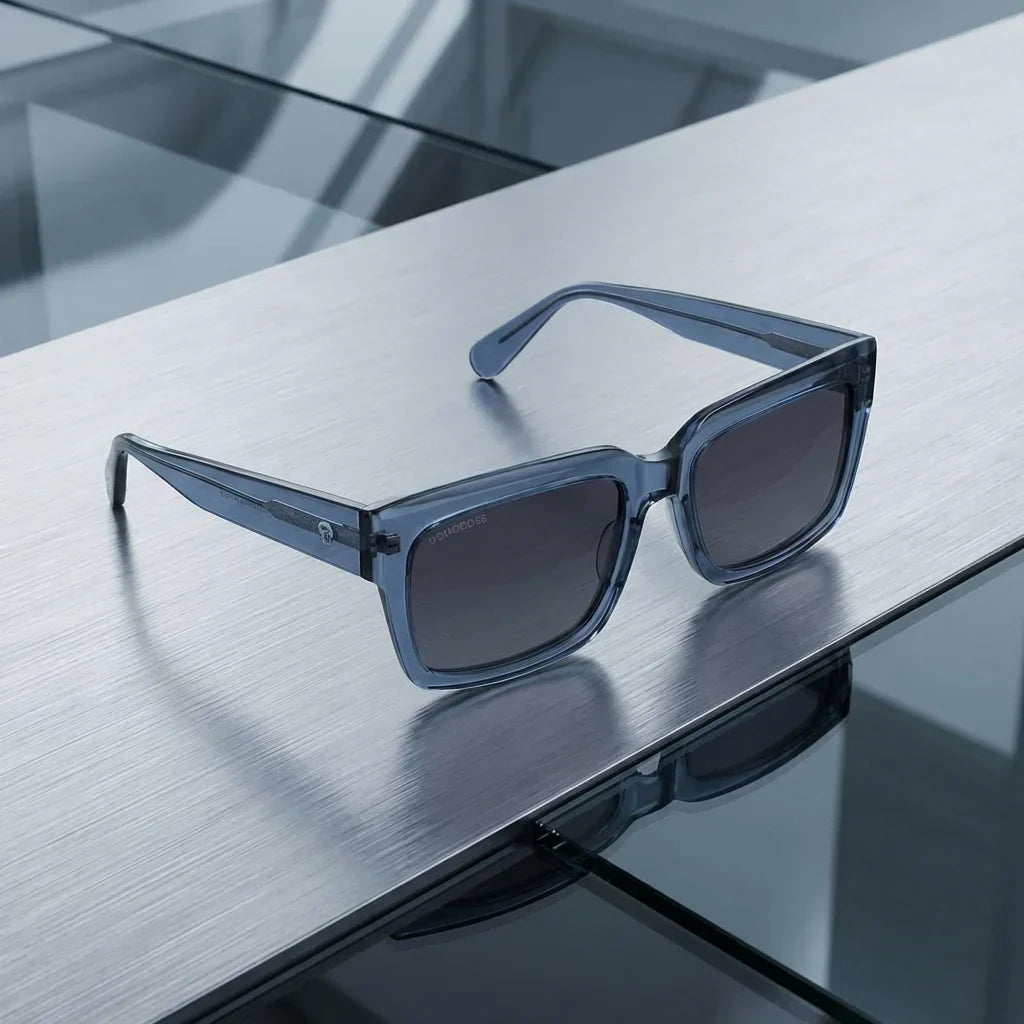 Lentes sol Amsterdam polarizados UV400 azul sobre superficie metal brushed industrial Bonoboss #editorial_grid1 #color_azul