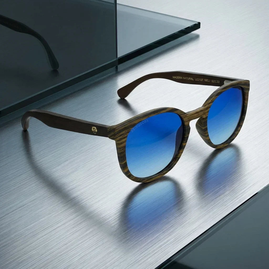 Lentes sol Meli Ebony polarizados UV400 madera ebony polarizado Degrade Azul sobre superficie metal brushed Bonoboss #editorial_grid1 #color_degrade-azul