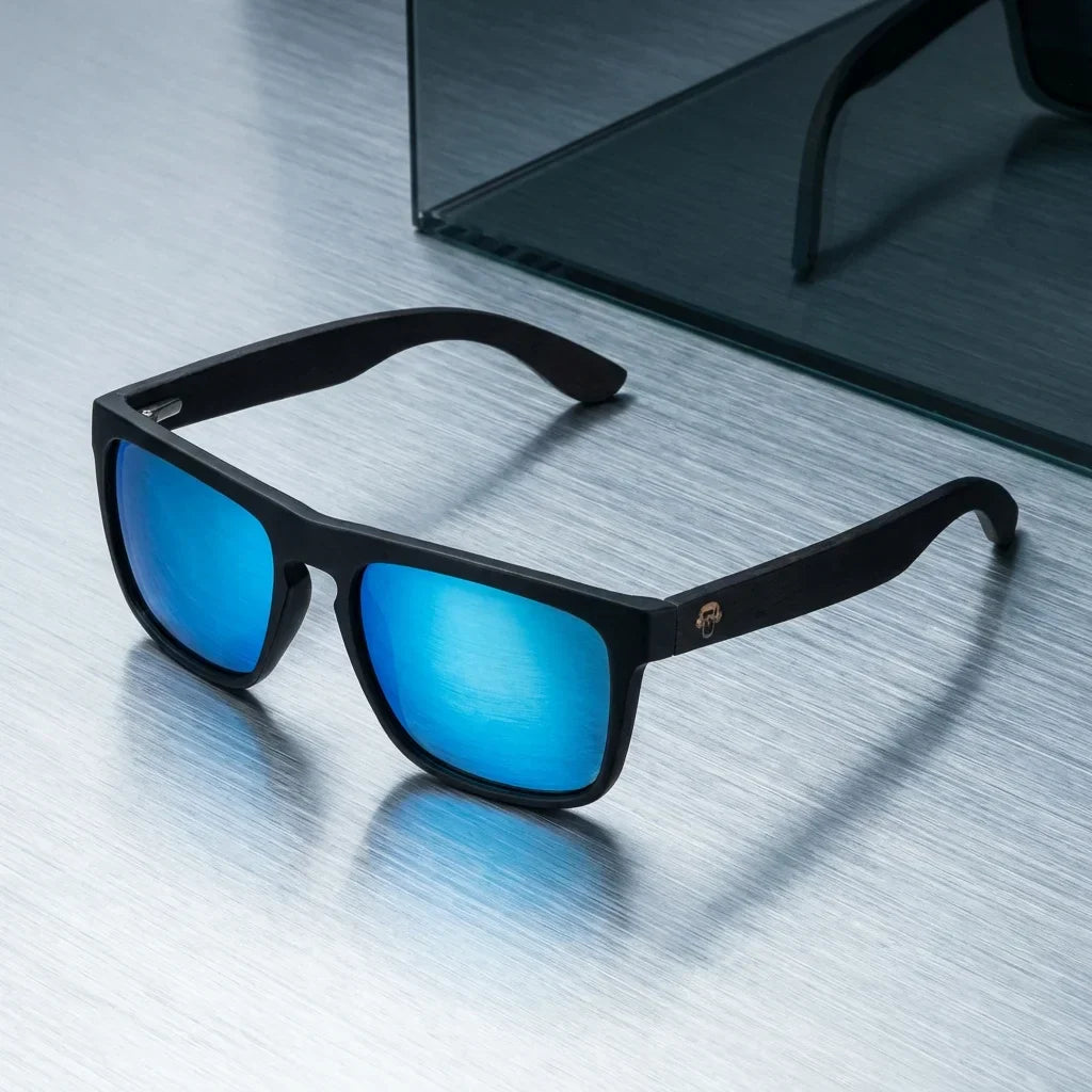 Lentes sol Lautaro Dark polarizados UV400 acetato sky sobre superficie metal brushed industrial Bonoboss #editorial_grid1 #color_sky