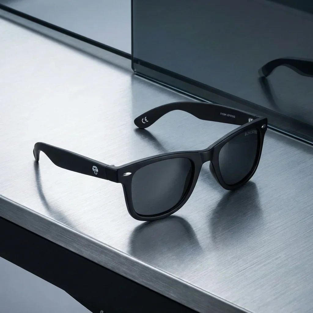 Lenses sun acacio rpet polarized UV400 rpet recycled black sobre superficie metal brushed industrial bonoboss #editorial_grid1 #color_negro