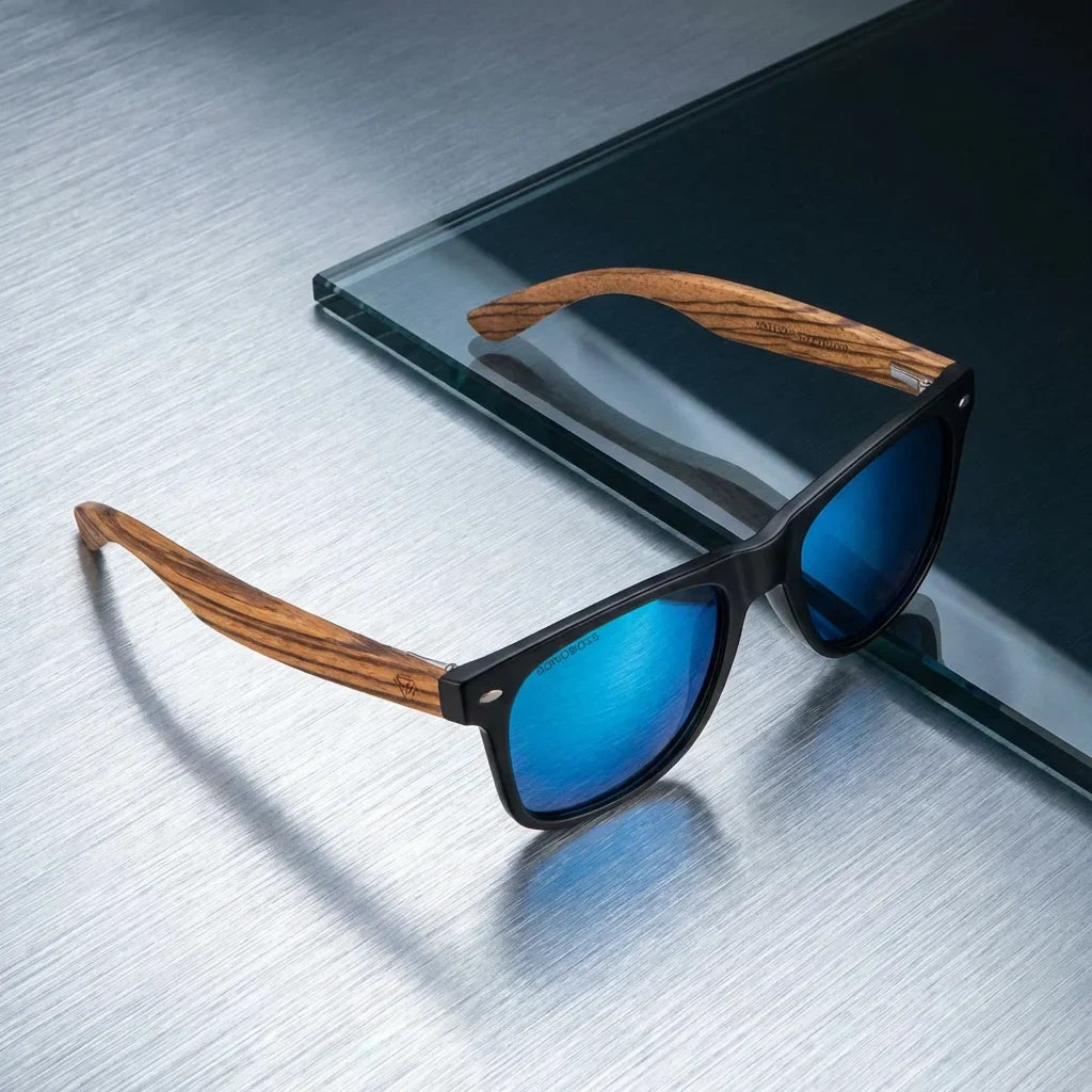 Lenses sun acacia polarized UV400 wood zebrawood black mirrored blue sobre brushed metal industrial surface bonoboss #editorial_grid1 #color_negro-espejado-azul