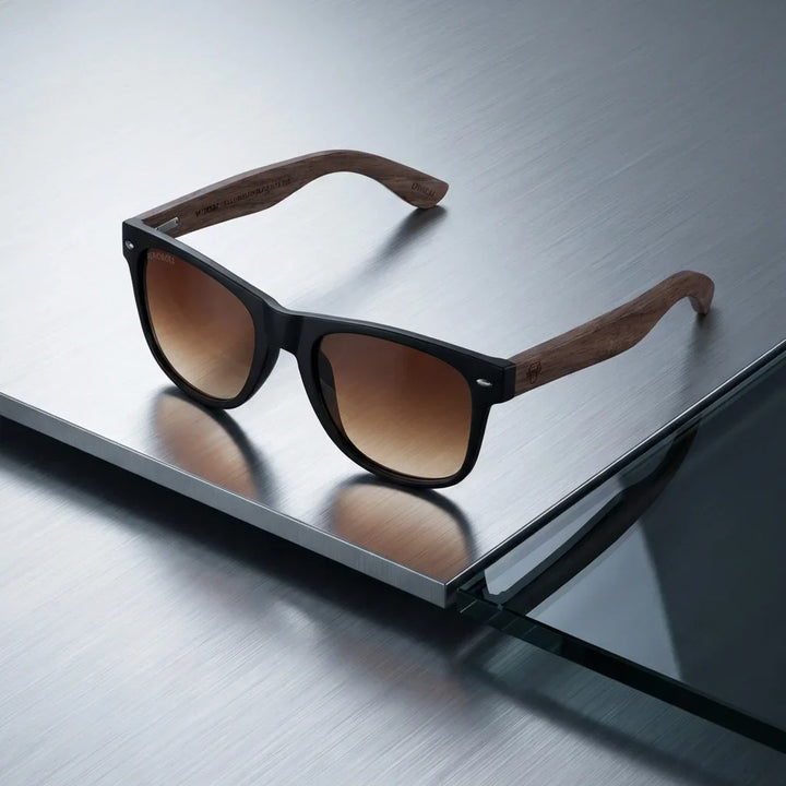 Lenses sun acacia nogal polarized UV400 gradient brown sobre superficie metal brushed industrial bonoboss #editorial_grid1 #color_gradiente-cafe