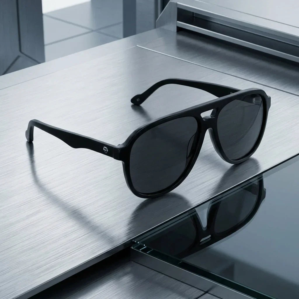 Lenses sun orson polarized UV400 bio-acetate black sobre metal brushed industrial surface premium bonoboss #editorial_polarizado #color_negro