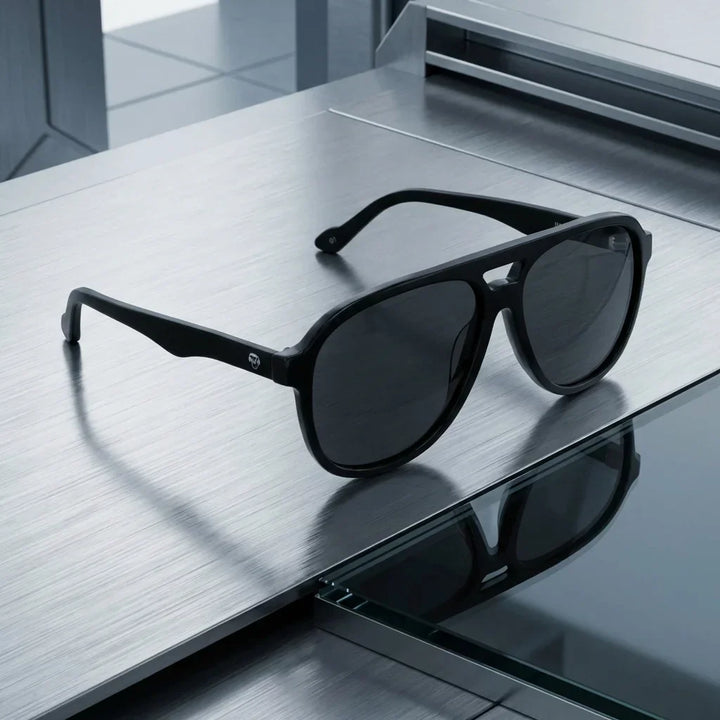 Lenses sun orson polarized UV400 bio-acetate black sobre metal brushed industrial surface premium bonoboss #editorial_polarizado #color_negro