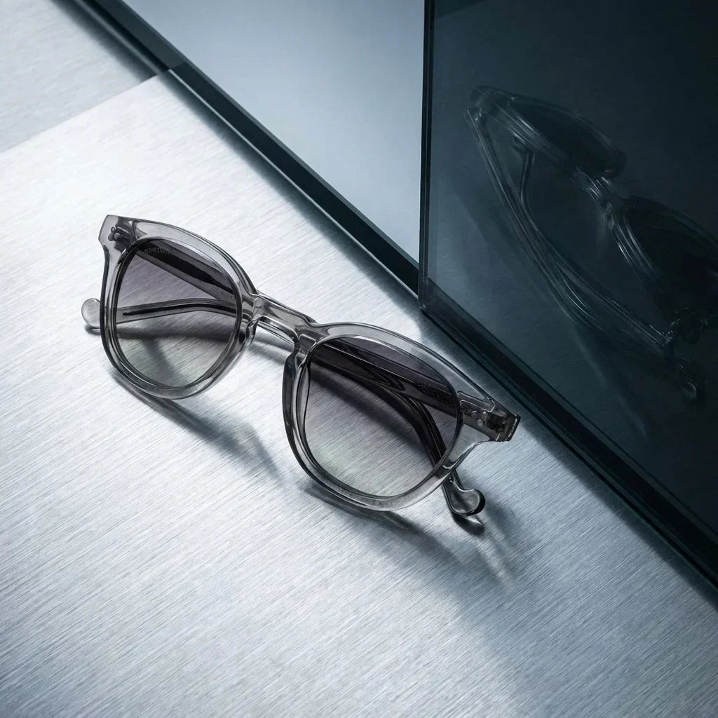 Lentes sol Lenga polarizados UV400 bio-acetato Gris sobre metal cepillado superficie industrial Bonoboss #editorial_grid1 #color_gris