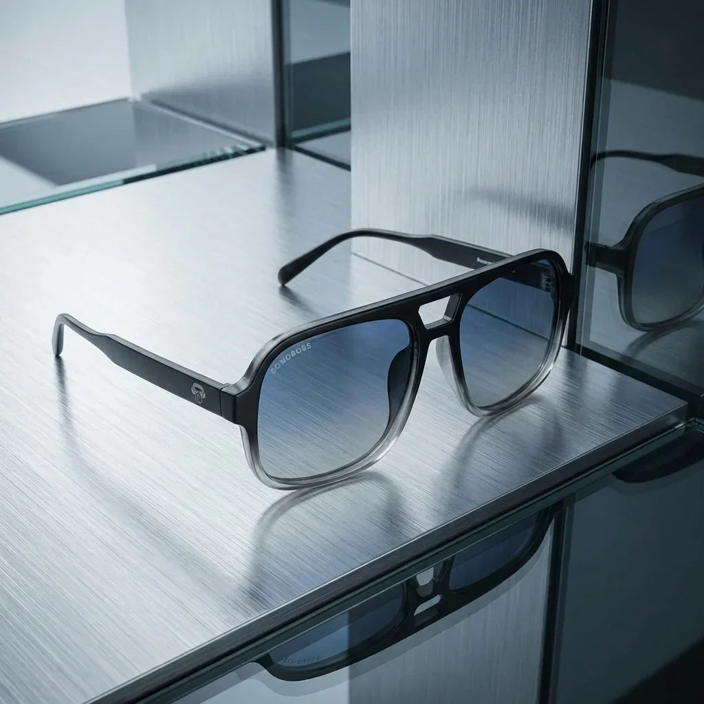 Lentes sol Orson RPET polarizados UV400 reciclado negro sobre metal brushed superficie industrial premium Bonoboss #editorial_grid1 #color_negro