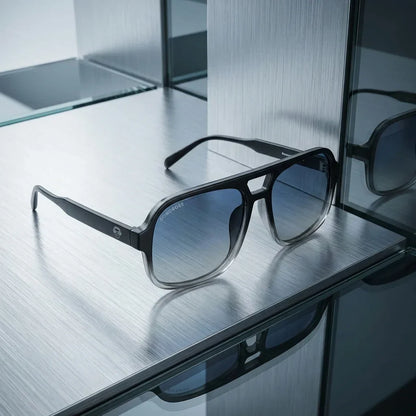 Lentes sol Orson RPET polarizados UV400 reciclado negro sobre metal brushed superficie industrial premium Bonoboss #editorial_grid1 #color_negro